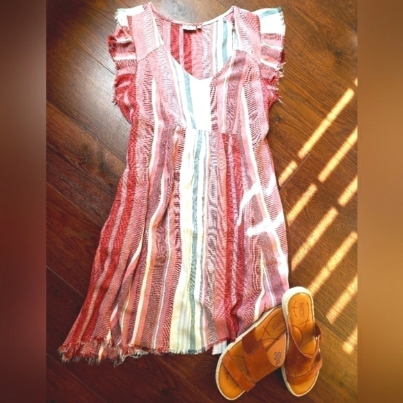 RED White & Blue Stripe Mini Dress Raw Hem by True Craft - Picture 1 of 9